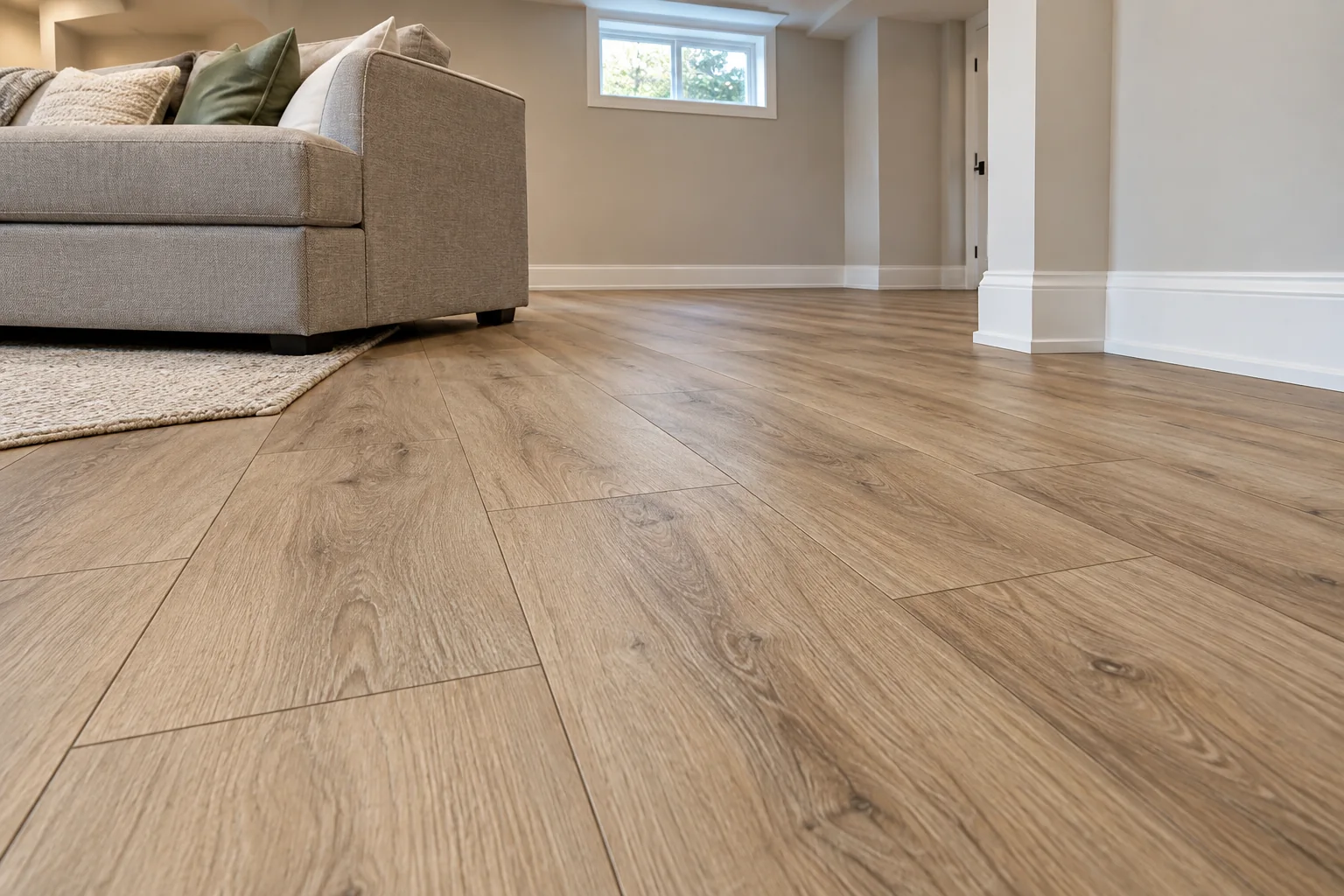 Oak look plank flooring with white baseboards in a finished basement