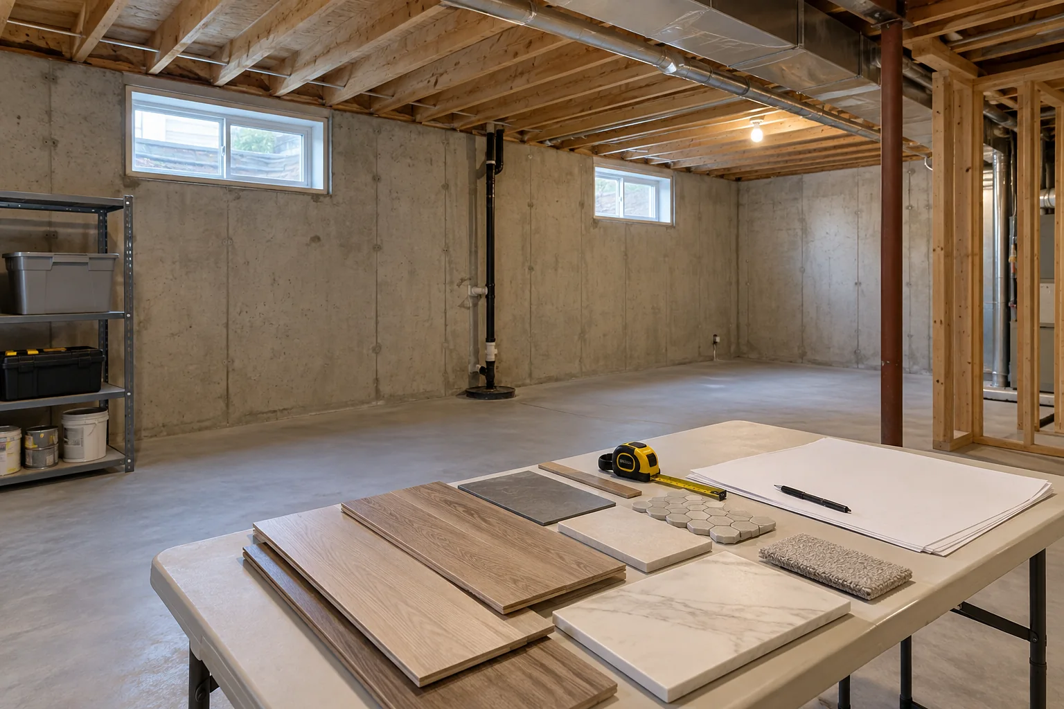 Unfinished basement with exposed joists and renovation material samples on a planning table
