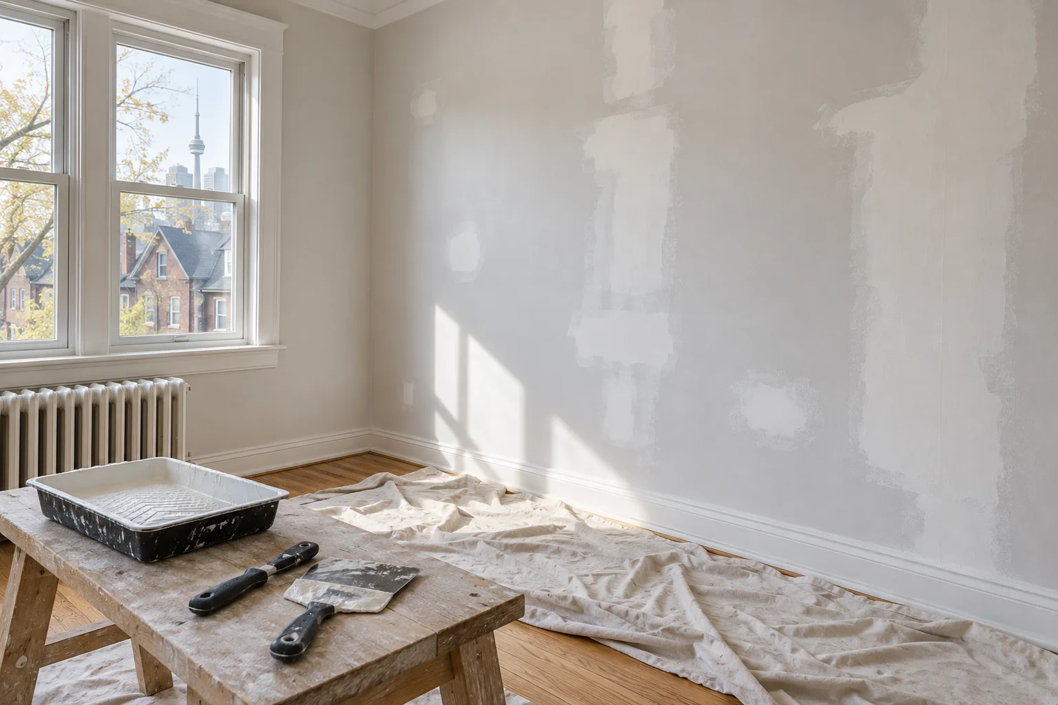 Bright residential room with neatly repaired drywall prepared for painting