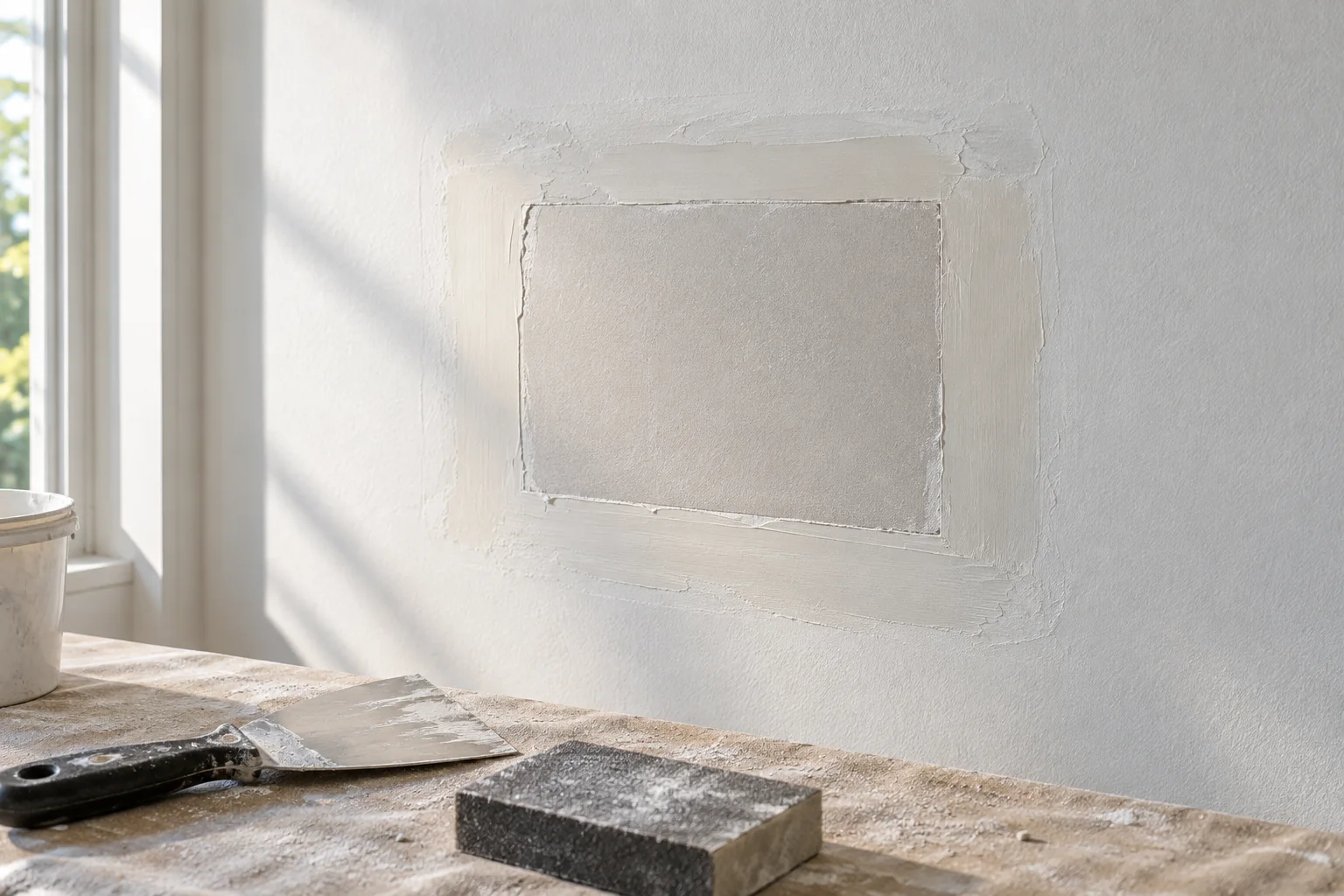 Localized drywall panel patch with feathered joint compound on an otherwise intact wall