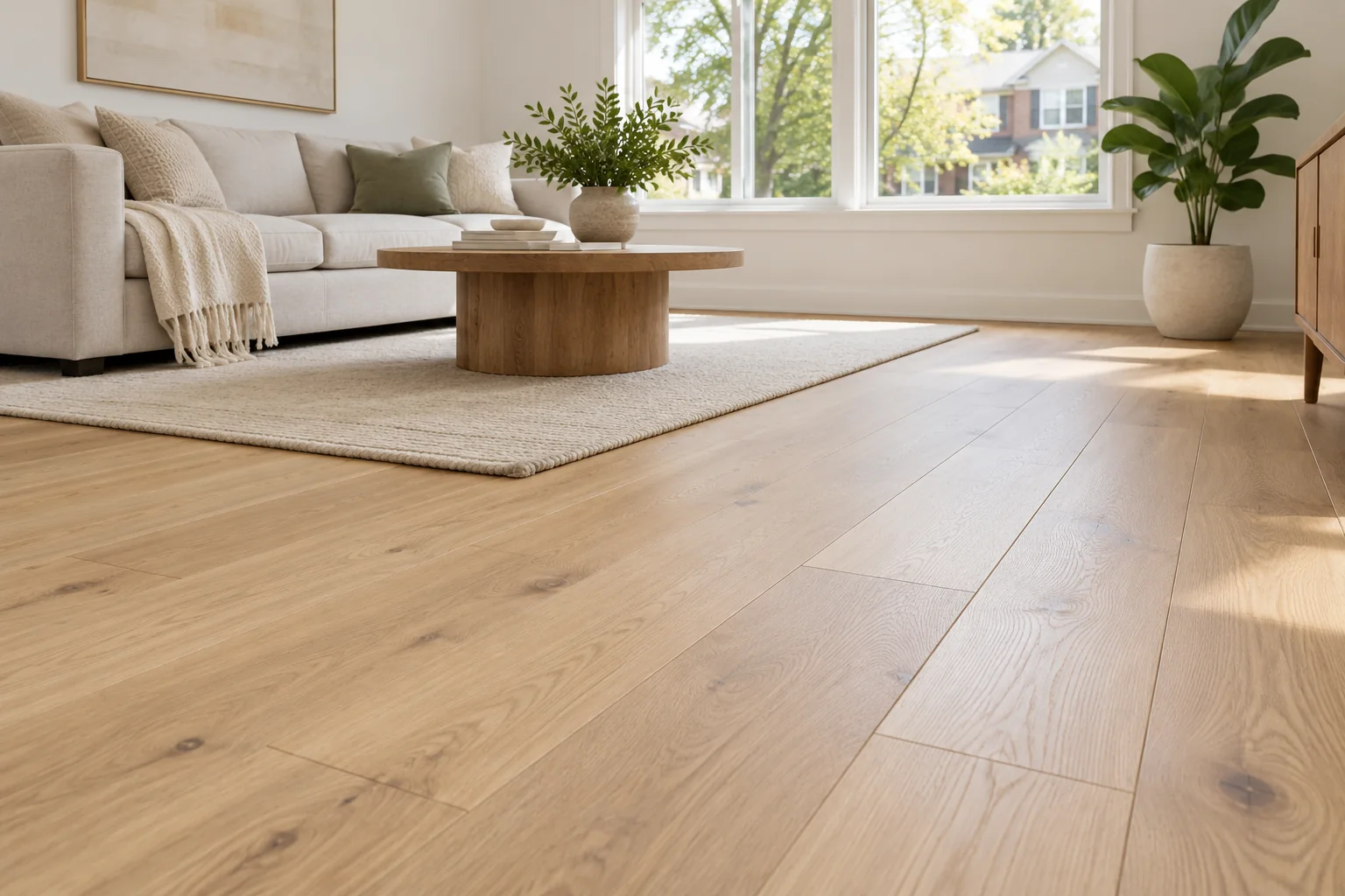 Bright living room with oak look plank flooring and white baseboards