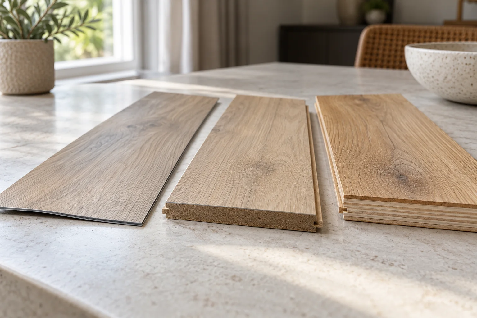 Oak look flooring samples on a table showing different plank thicknesses and edges
