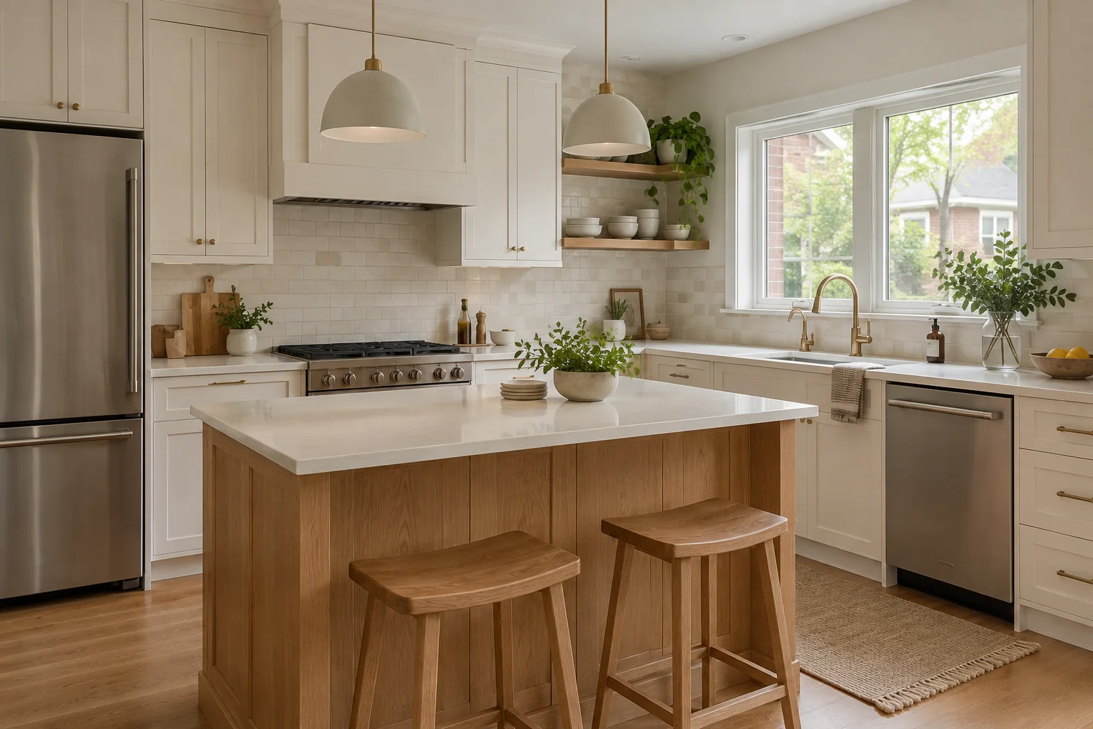 Bright kitchen with shaker cabinets, an oak island, and pale stone countertops