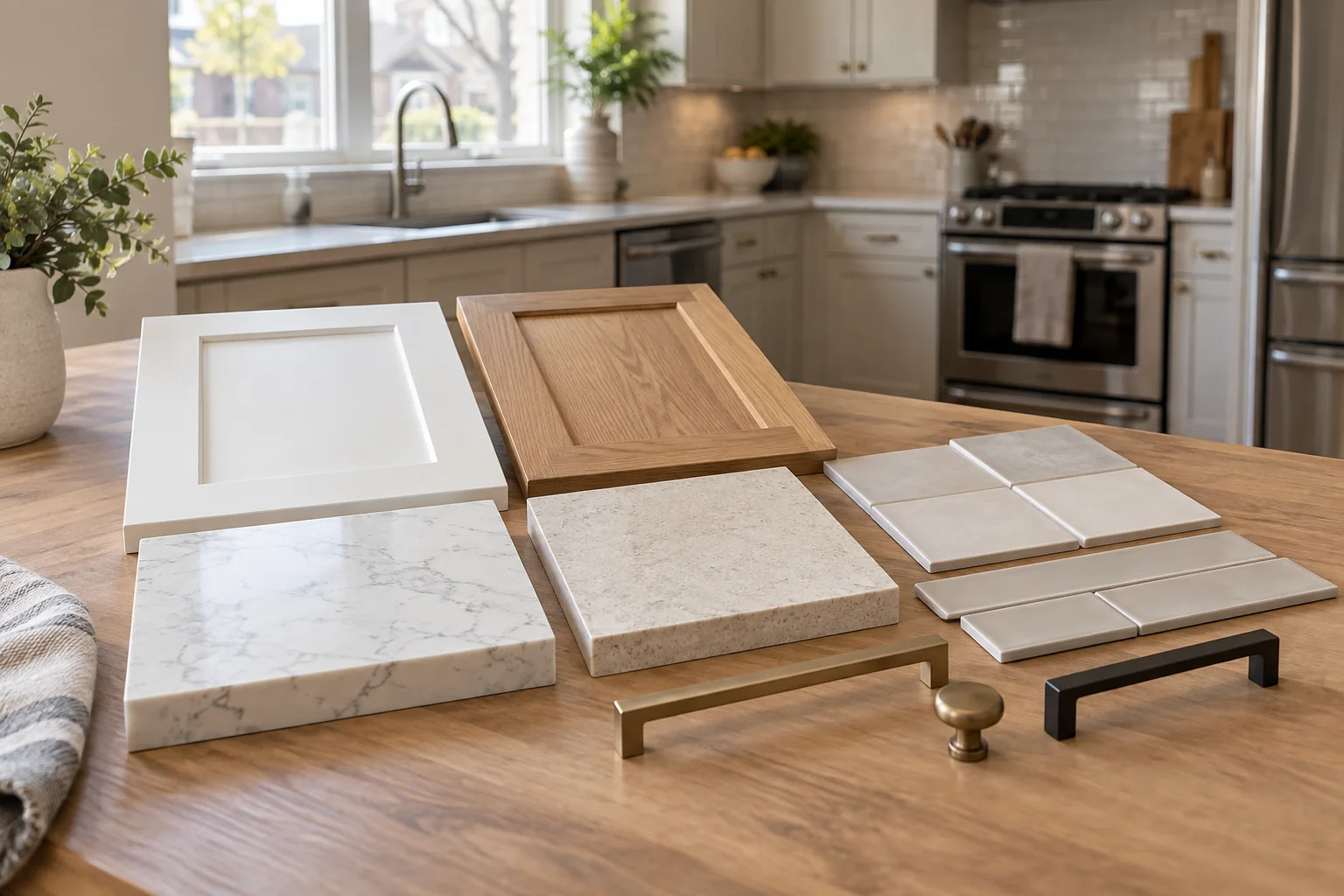 Kitchen cabinet door samples, pale countertop samples, ceramic tiles, and handles arranged on a planning table