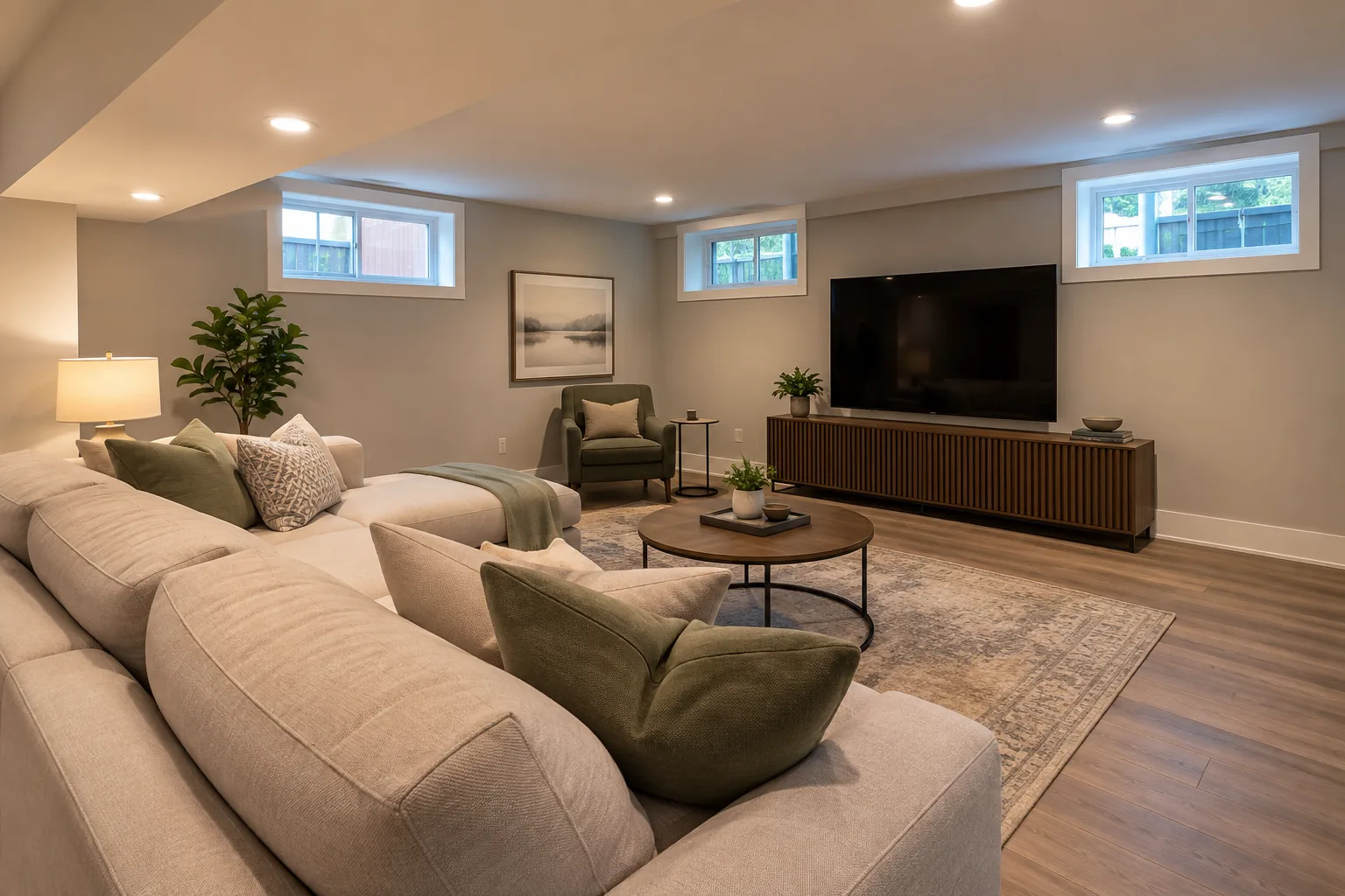 Finished basement family room with recessed lights and plank flooring