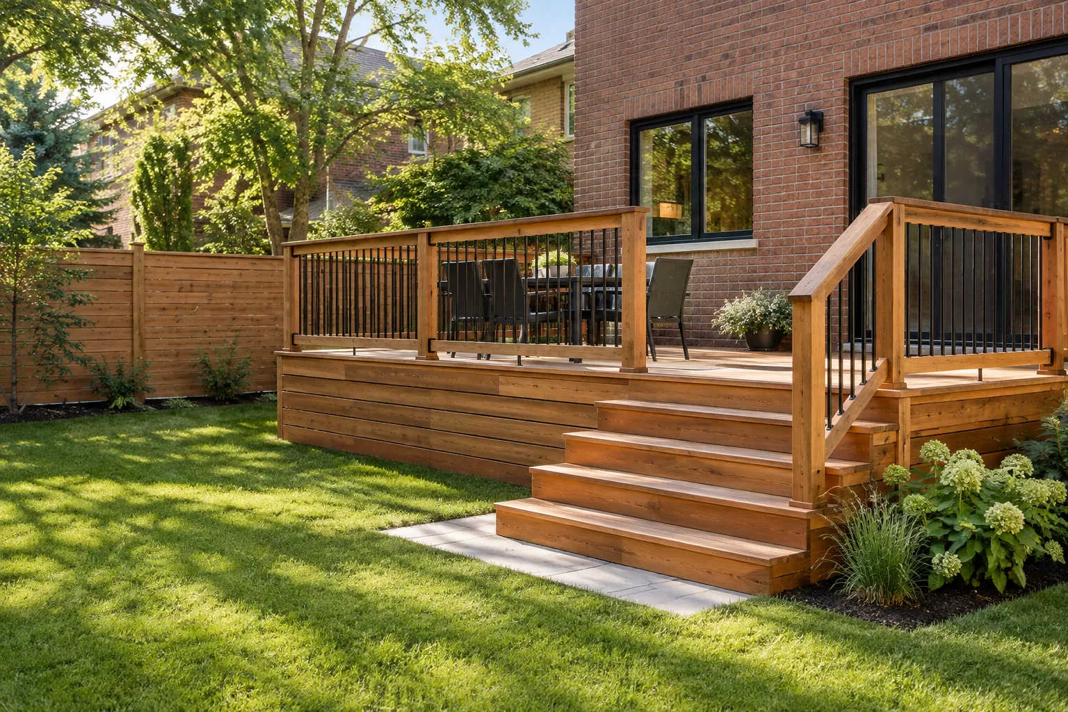 Cedar deck and privacy fence beside a brick home