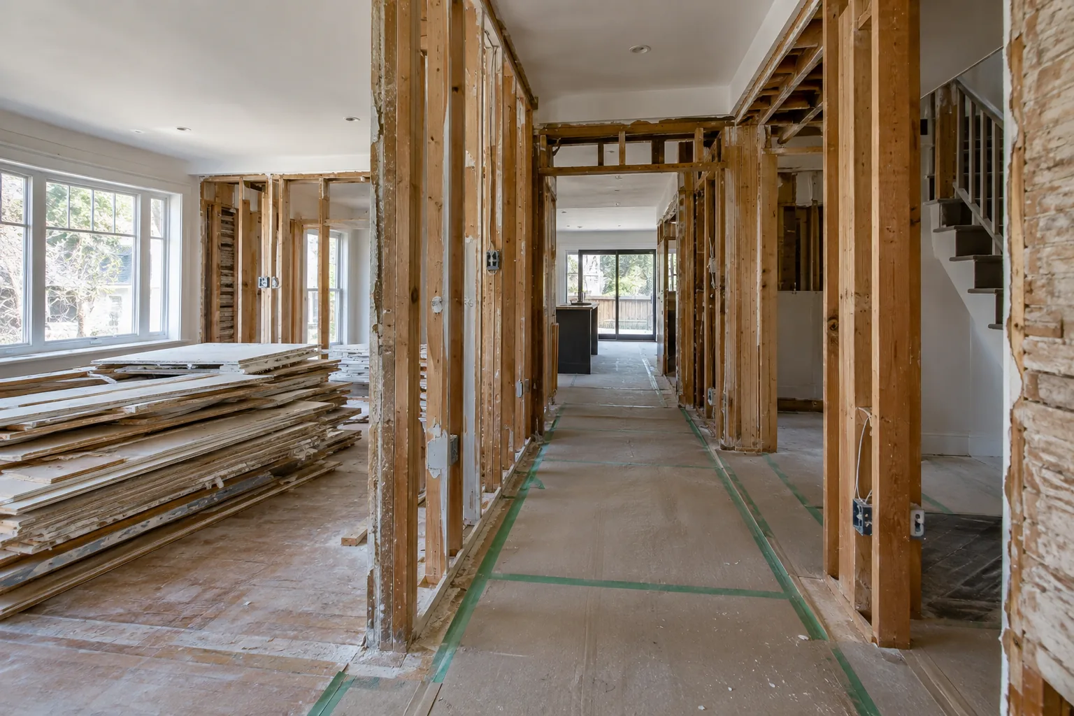 Prepared interior renovation space with exposed timber framing