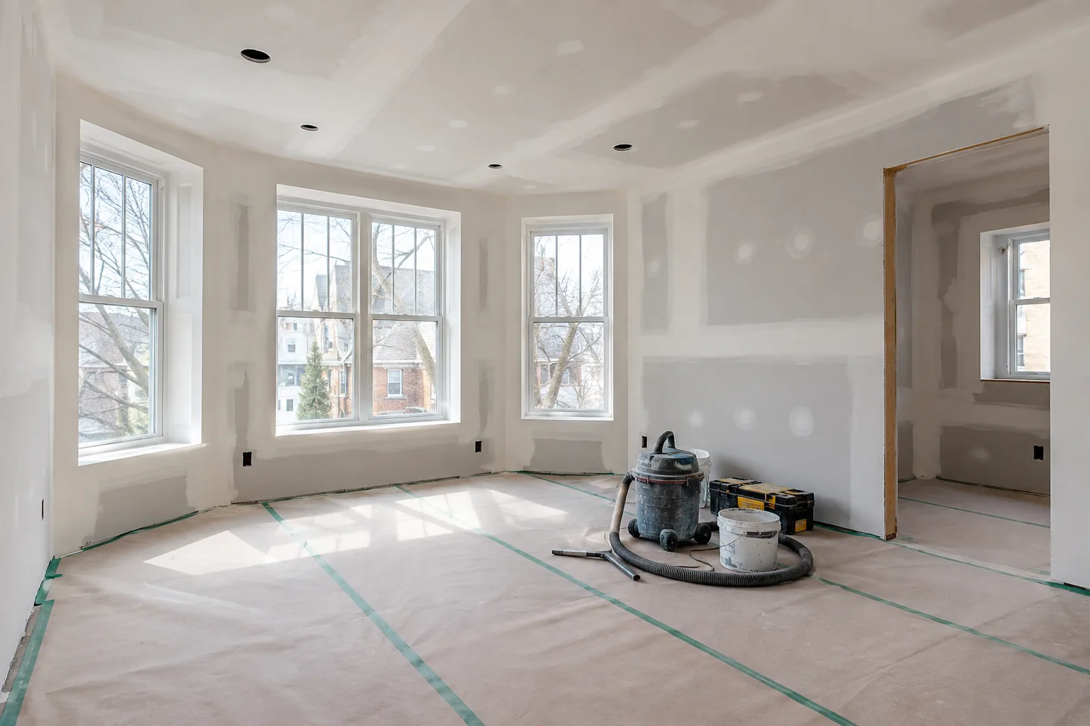New drywall with taped joints in a protected renovation workspace