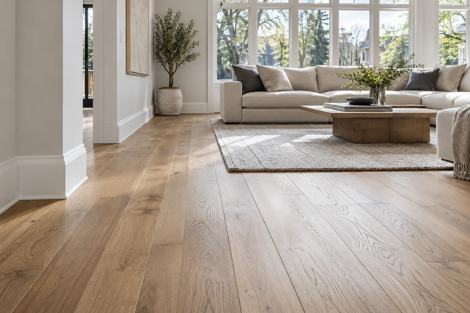 Natural oak hardwood floor with clean white baseboards