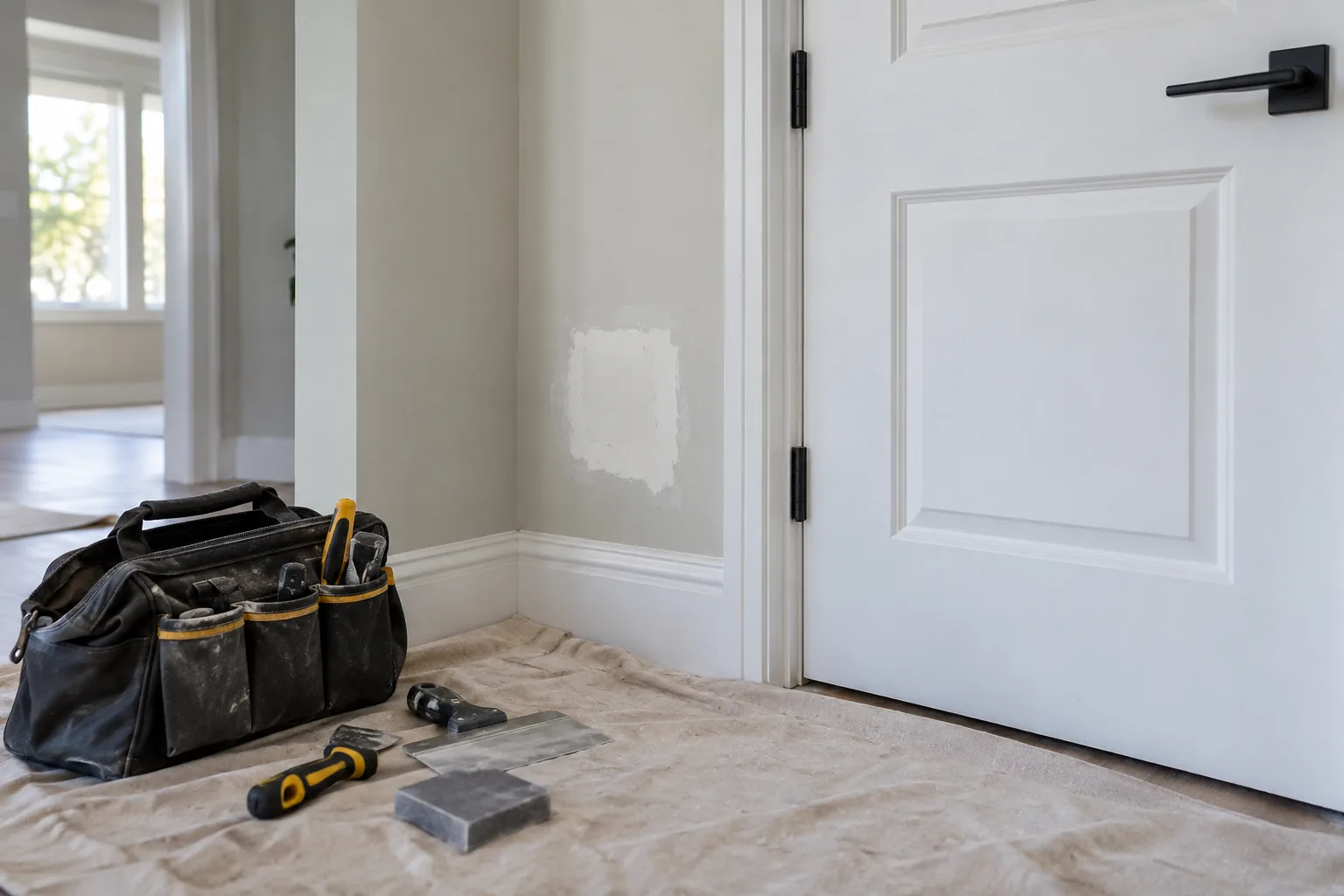 Tidy drywall repair workspace beside an interior door