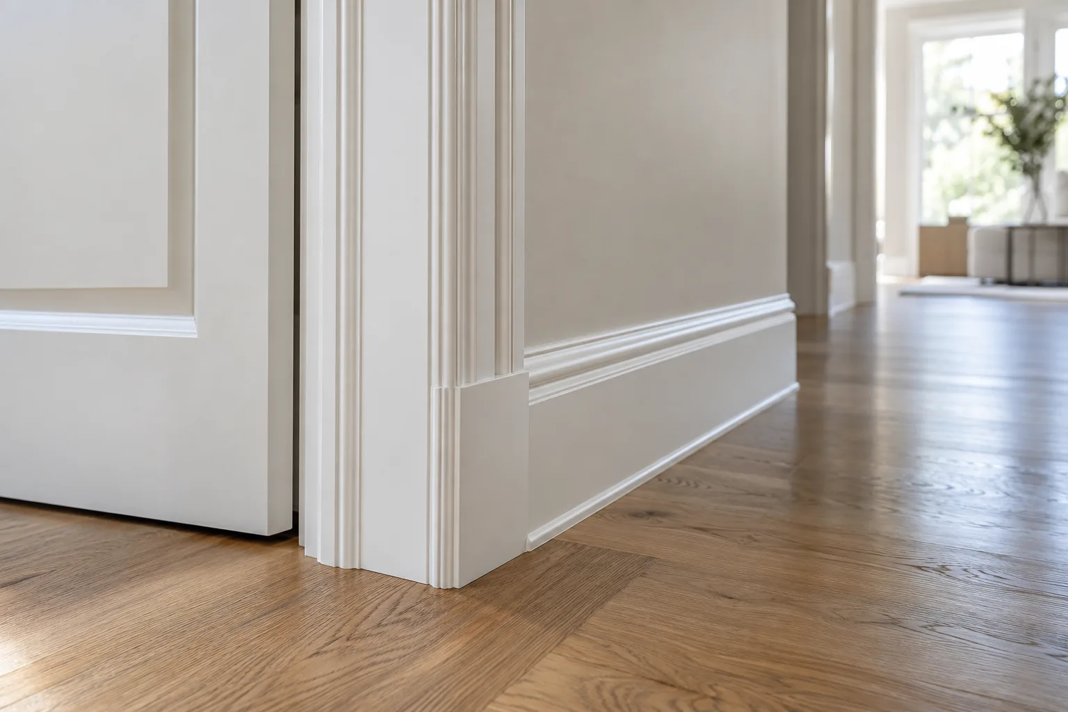 White door casing and baseboard fitted against an oak floor