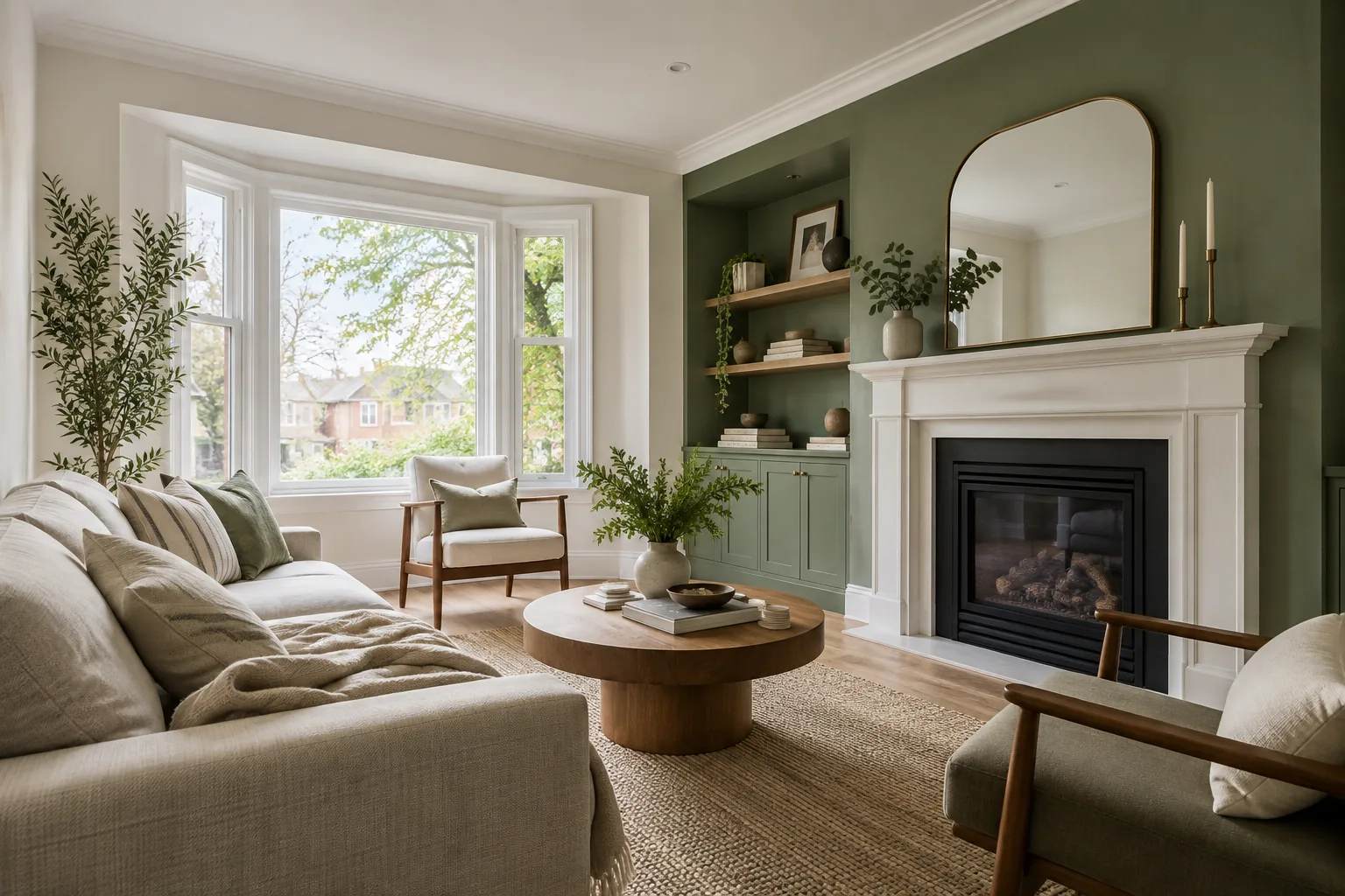 Freshly painted living room with a sage accent wall
