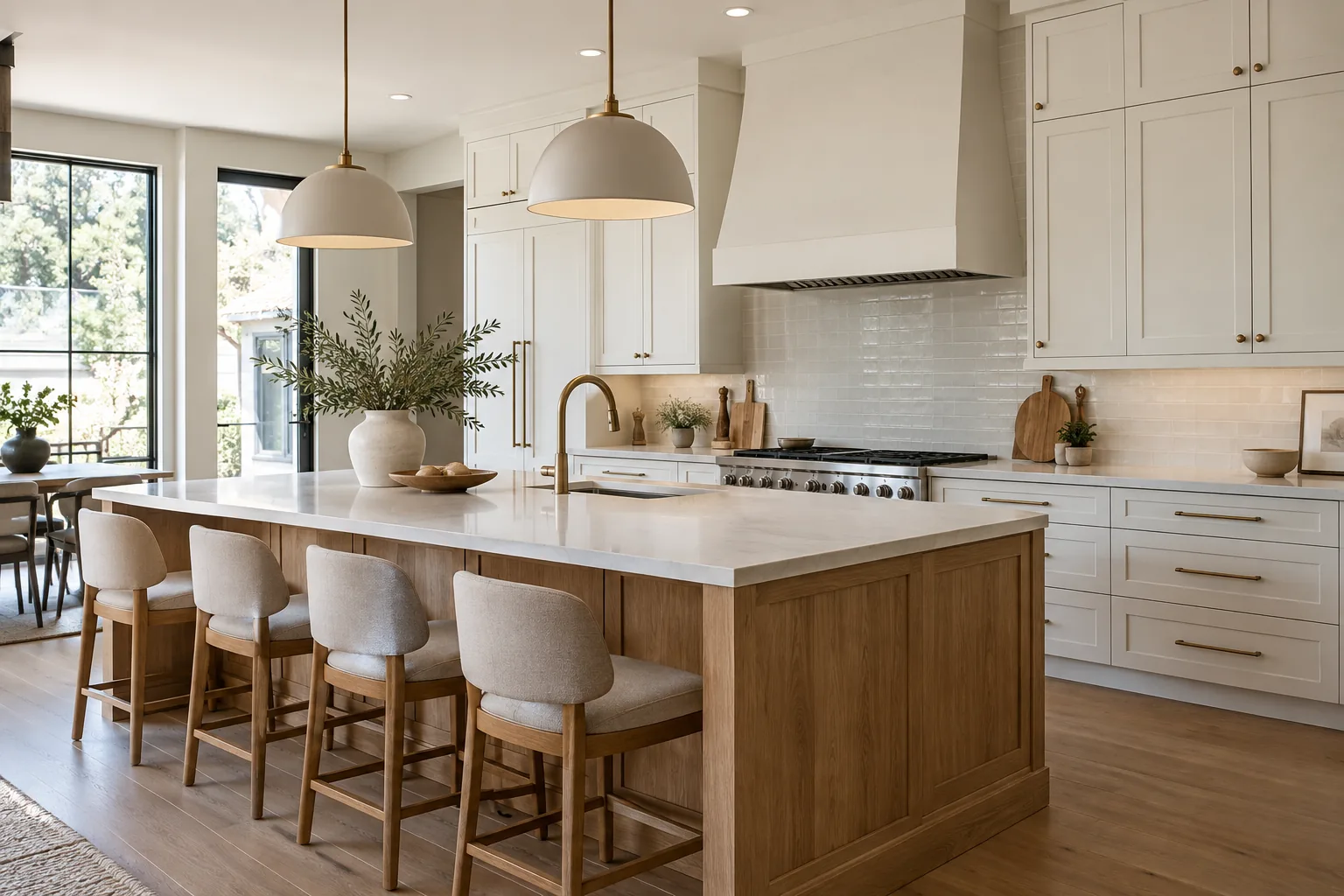 Bright kitchen with shaker cabinets, oak island, and quartz countertops