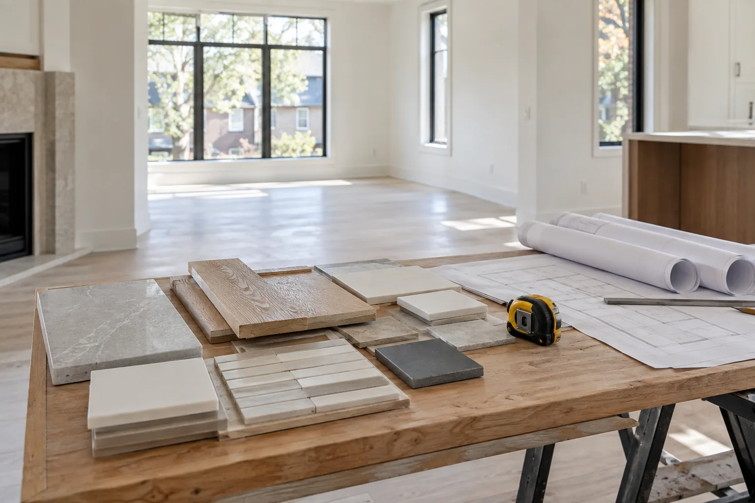 Renovation planning table with flooring and tile samples