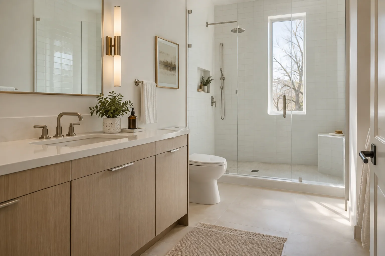 Porcelain bathroom flooring and a neatly tiled shower